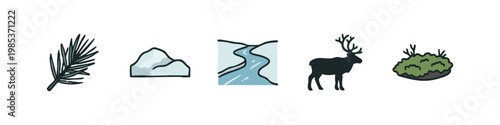 Arctic and Nature Icons: Pine Branch, Iceberg, River, Reindeer, Moss