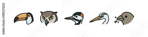 Bird Heads Icons Set: Toucan, Owl, Woodpecker, Heron, Finch