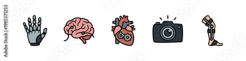 Technology and Health Icons: Robotic Hand, Brain, Heart, Camera, Leg Brace