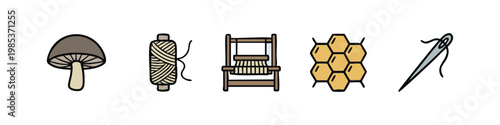 Nature and Craft Icons: Mushroom, Thread, Loom, Honeycomb, Needle