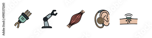 Technology and Anatomy Icons: Plug, Robot Arm, Muscle, Ear, Implant