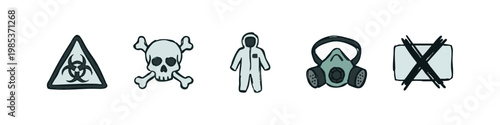 Safety and Hazard Icons: Biohazard, Skull, Hazmat Suit, Gas Mask, Cross
