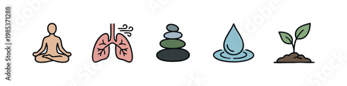Wellness and Nature Icons: Yoga, Lungs, Stones, Water, Sprout