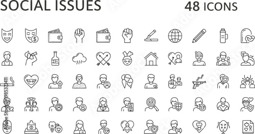 Social issues icon set with activism inequality human rights poverty and global awareness symbols in outline style design
