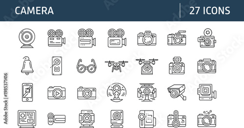 Camera and photography icon set with digital DSLR video recording and surveillance symbols in outline style design