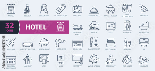 A set of hotel icons including amenities and services for web design