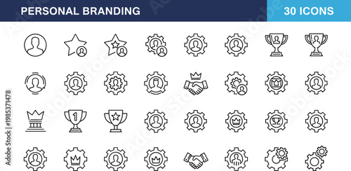 Personal branding icon set with reputation identity leadership achievement and business profile symbols in outline style design