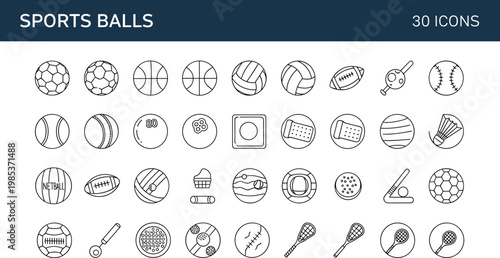 Sports balls icon set with football basketball tennis baseball and game equipment symbols in outline style for design