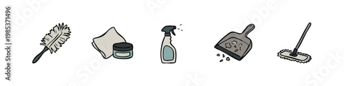 Hand Drawn Cleaning Tools Icons Set - Mop, Duster, Spray Bottle, and Dustpan