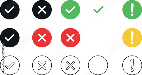 Check mark and cross icon set with approval rejection validation and alert symbols in outline solid and flat styles
