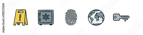 Set of hand drawn safety and security icons including a wet floor sign, safe vault, fingerprint and globe