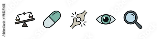 Set of hand drawn legal and medical icons with scales of justice, pill capsule, joint bones and eye