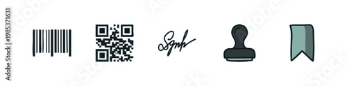 Set of hand drawn commerce and identification icons with a barcode, qr code, signature, stamp and bookmark