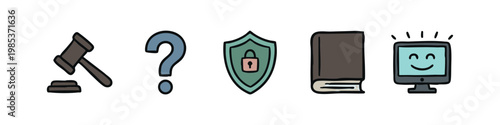 Set of hand drawn law and technology icons including a gavel, question mark, shield lock and happy computer