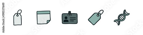 Set of hand drawn identity and data icons featuring price tags, sticky note, id badge and dna helix