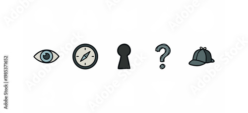 Set of hand drawn investigation icons featuring an eye, compass, keyhole, question mark and detective hat