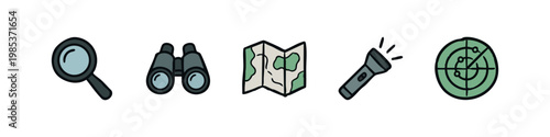 Set of hand drawn search and navigation icons with a magnifying glass, binoculars, map, flashlight and radar