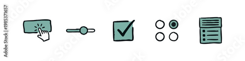 Set of hand drawn user interface icons featuring a button click, slider, checkbox, radio buttons and list