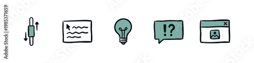 Set of hand drawn web interface icons with a scroll bar, tooltip, lightbulb, speech bubble and window