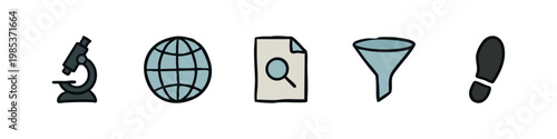 Set of hand drawn scientific research icons including a microscope, globe, document, funnel and footprint