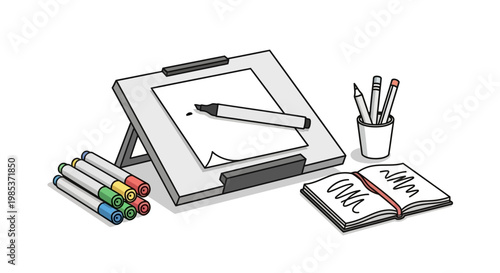 Artist's Desk with Drawing Board, Markers, and Sketchbook Illustration