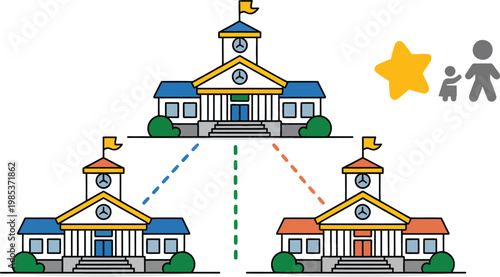 Three interconnected town halls with synchronized clocks and colorful network lines, vector illustration representing coordination, communication, and smart city connectivity, ideal for governance