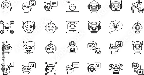 Artificial intelligence and chatbot icon set with robot avatars AI communication and automation symbols in outline style design