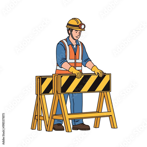 Construction worker in safety vest and hard hat placing traffic barriers on white background