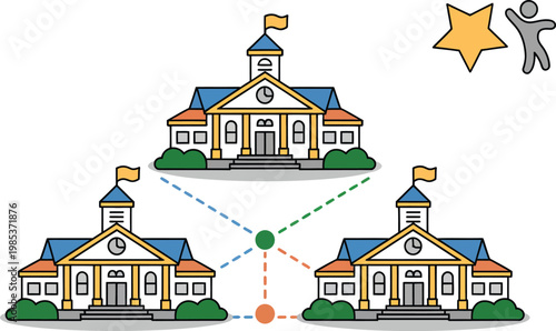 Three interconnected town halls with synchronized clocks and colorful network lines, vector illustration representing coordination, communication, and smart city connectivity, ideal for governance