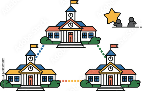 Three interconnected town halls with synchronized clocks and colorful network lines, vector illustration representing coordination, communication, and smart city connectivity, ideal for governance