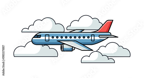 A blue cartoon passenger airplane with a red tail fin flying through fluffy white clouds.