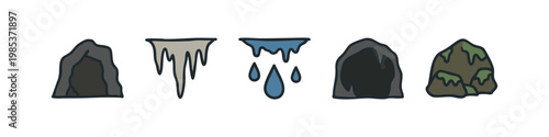 Colorful hand drawn cave and rock formation icons