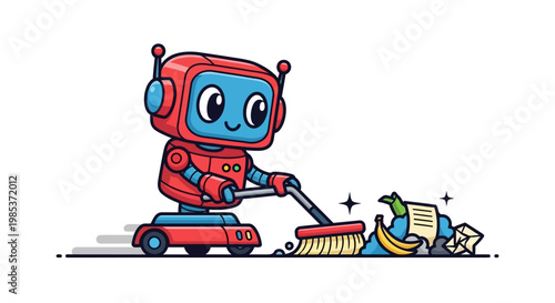 A cute red and blue cartoon robot character sweeping up a pile of trash with a broom.