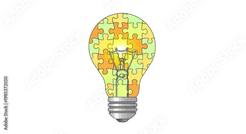 A glowing lightbulb made of colorful interconnected jigsaw puzzle pieces.