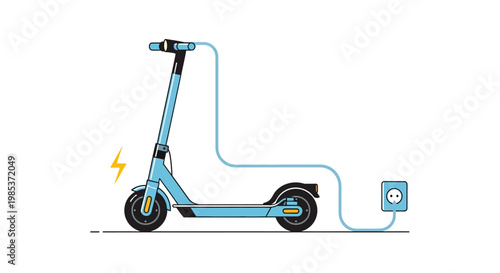 A light blue electric scooter plugged into a wall socket for charging, vector illustration.