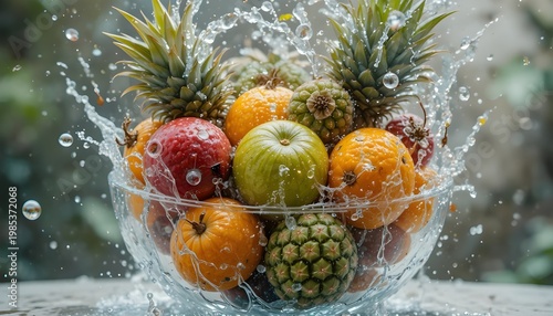 Exotic tropical fruits in transparent bowl with splashing water and high-speed photography effect
