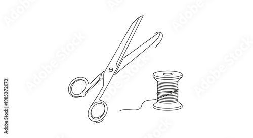 A simple black outline drawing of open tailor's scissors and a spool of thread.