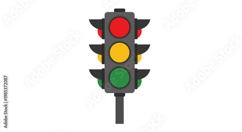 A vertical traffic light with red, yellow, and green signals illuminated