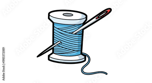 A spool of light blue thread with two needles inserted