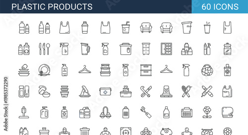 Plastic products icon set with containers packaging household items and disposable goods symbols in outline style design