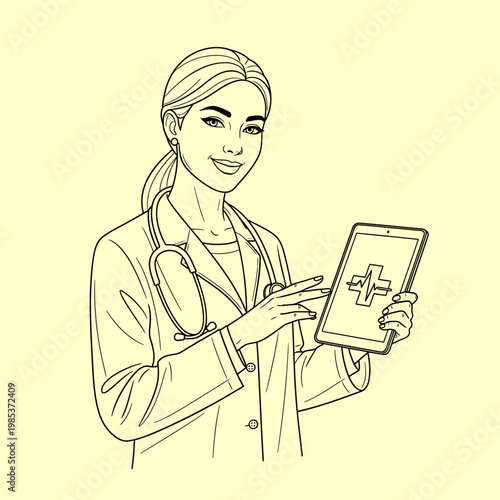 A confident female doctor wearing a stethoscope and lab coat, smiles while holding a tablet displaying a medical cross icon