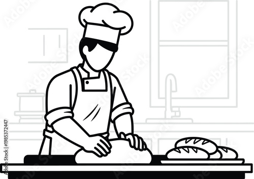 Baker Kneading Dough in Kitchen with Fresh Bread Loaves