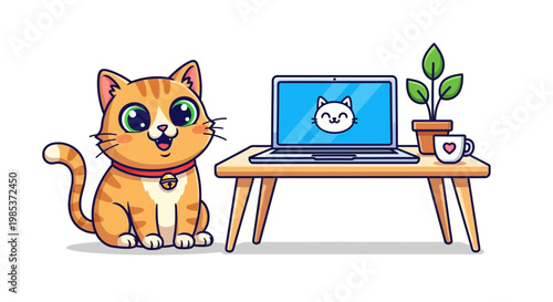 Adorable cartoon orange cat with green eyes next to a laptop, plant, and mug on a wooden desk.