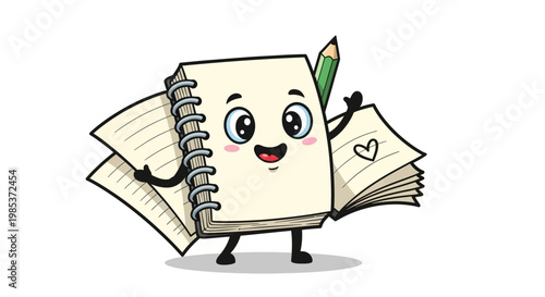 Adorable cartoon notebook character with a pencil and a heart drawing