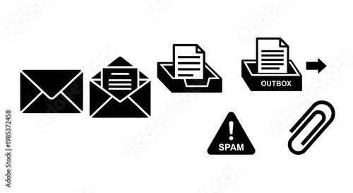 Email process illustration envelope inbox outbox spam paperclip icons