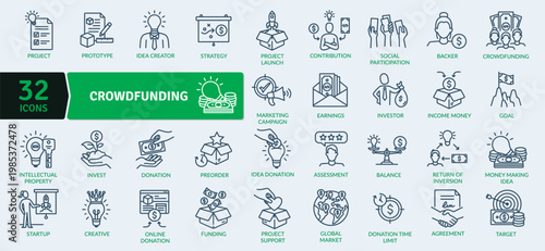 A set of 32 editable crowdfunding icons for business and finance projects