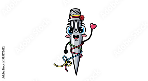 Adorable cartoon sewing needle character with thimble and thread