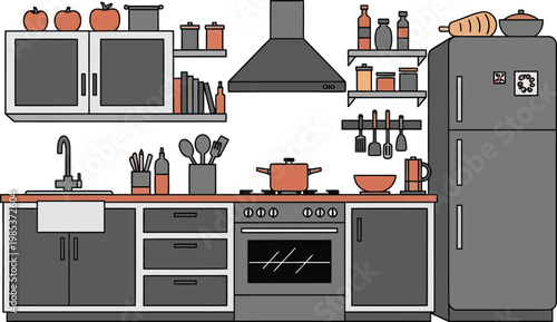 Modern Kitchen Interior Design with Appliances and Utensils Vector Illustration