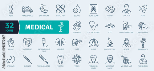 A set of 32 editable medical icons for healthcare and wellness