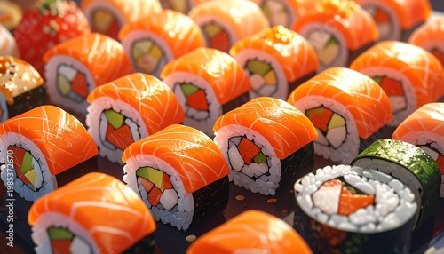 A vibrant arrangement of sushi rolls